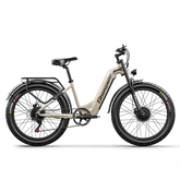 Shengmilo step-through electric bike in beige, side view, with rear rack and fat tires