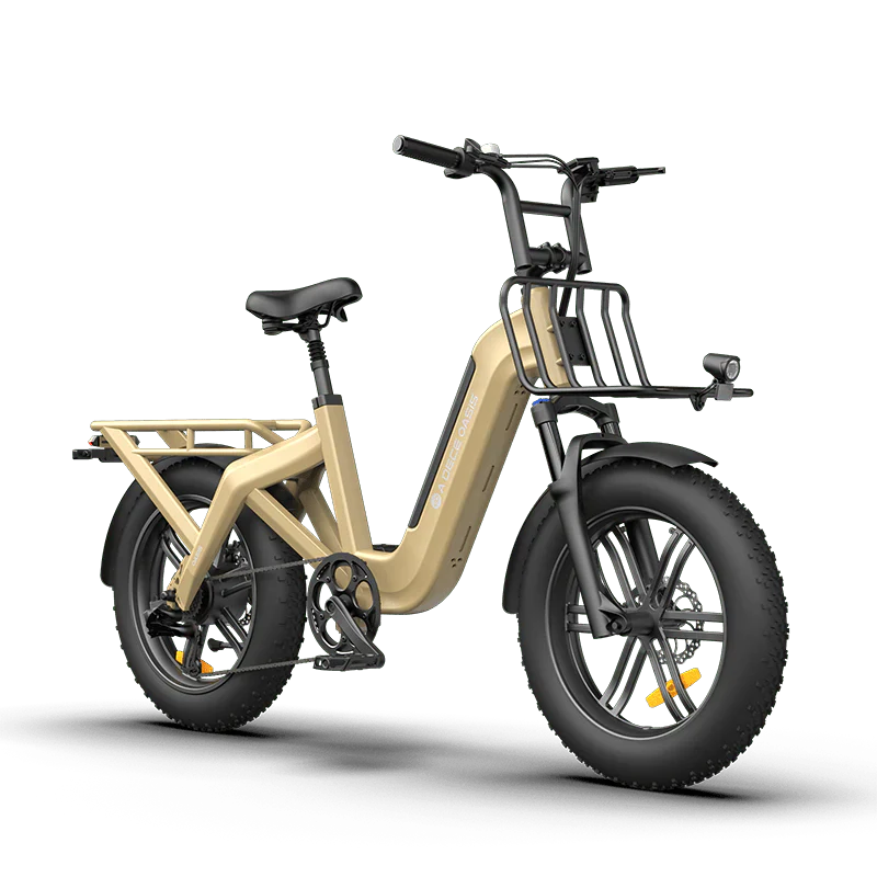 Beige ADO OASIS ONE Fat Tire Electric Bike with a black seat and front basket on a white background - Lets Cycle