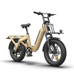 Beige ADO OASIS ONE Fat Tire Electric Bike with a black seat and front basket on a white background - Lets Cycle