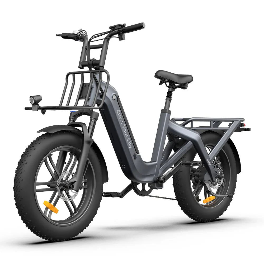 Gray ADO OASIS ONE Fat Tire Electric Bike with a basket on a white background - Lets Cycle