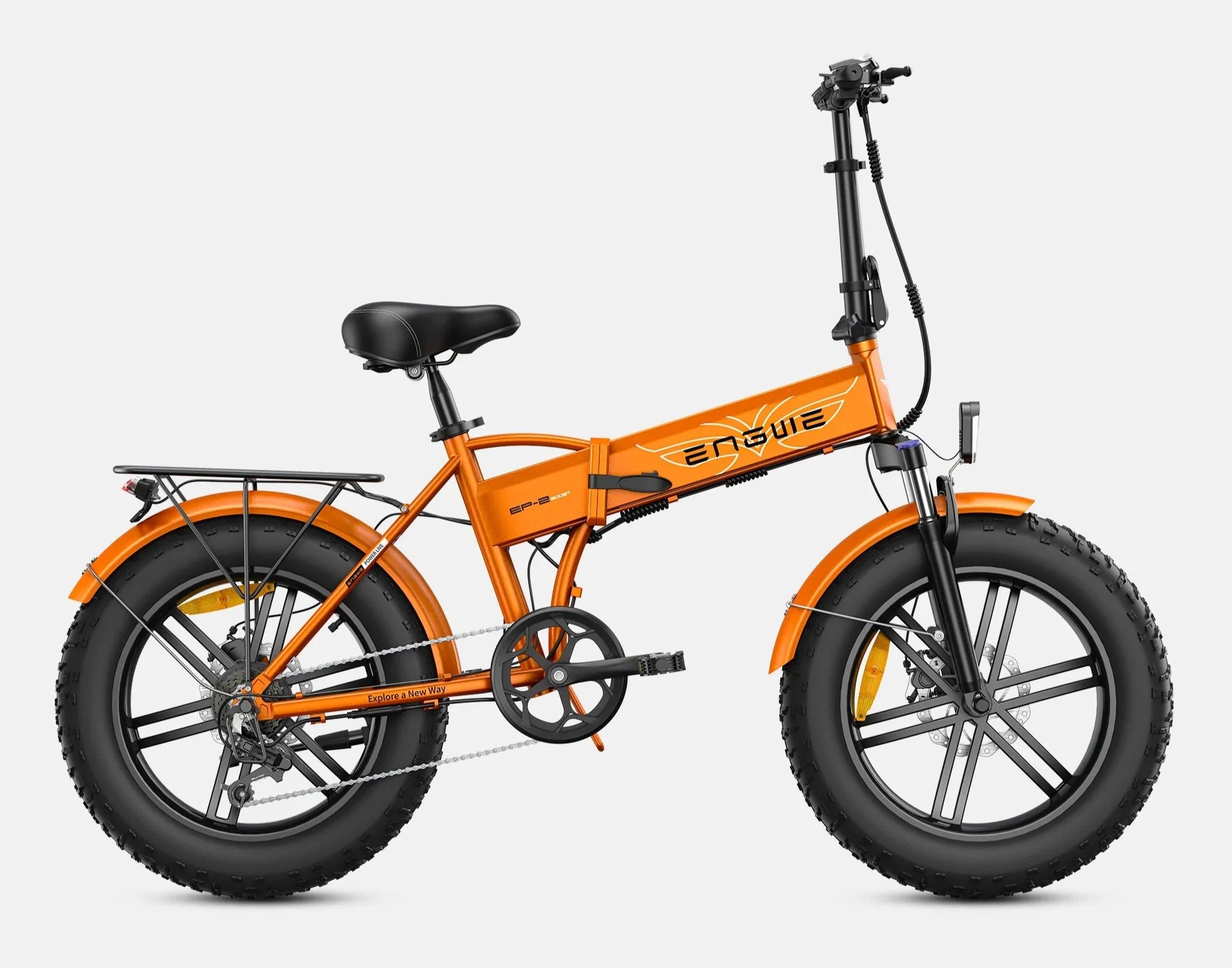 An orange ENGWE EP-2 Pro Boost Folding Electric Bike with black wheels, tires, seat, and handle grips. - Lets Cycle, UK