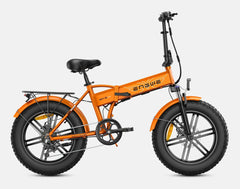 An orange ENGWE EP-2 Pro Boost Folding Electric Bike with black wheels, tires, seat, and handle grips. - Lets Cycle, UK