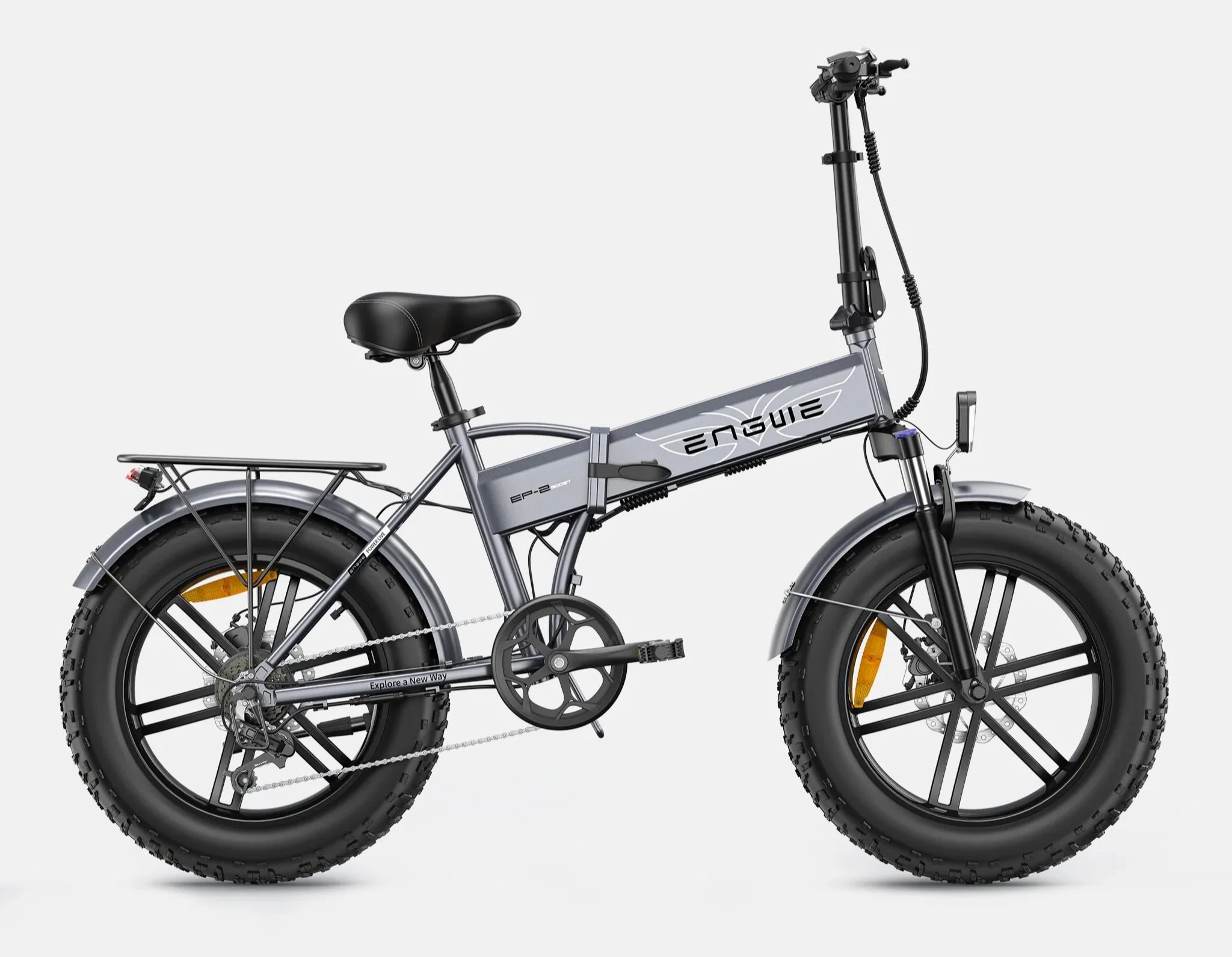 A grey ENGWE EP-2 Pro Boost Folding Electric Bike with black wheels, tires, seat, and handle grips. - Lets Cycle, UK