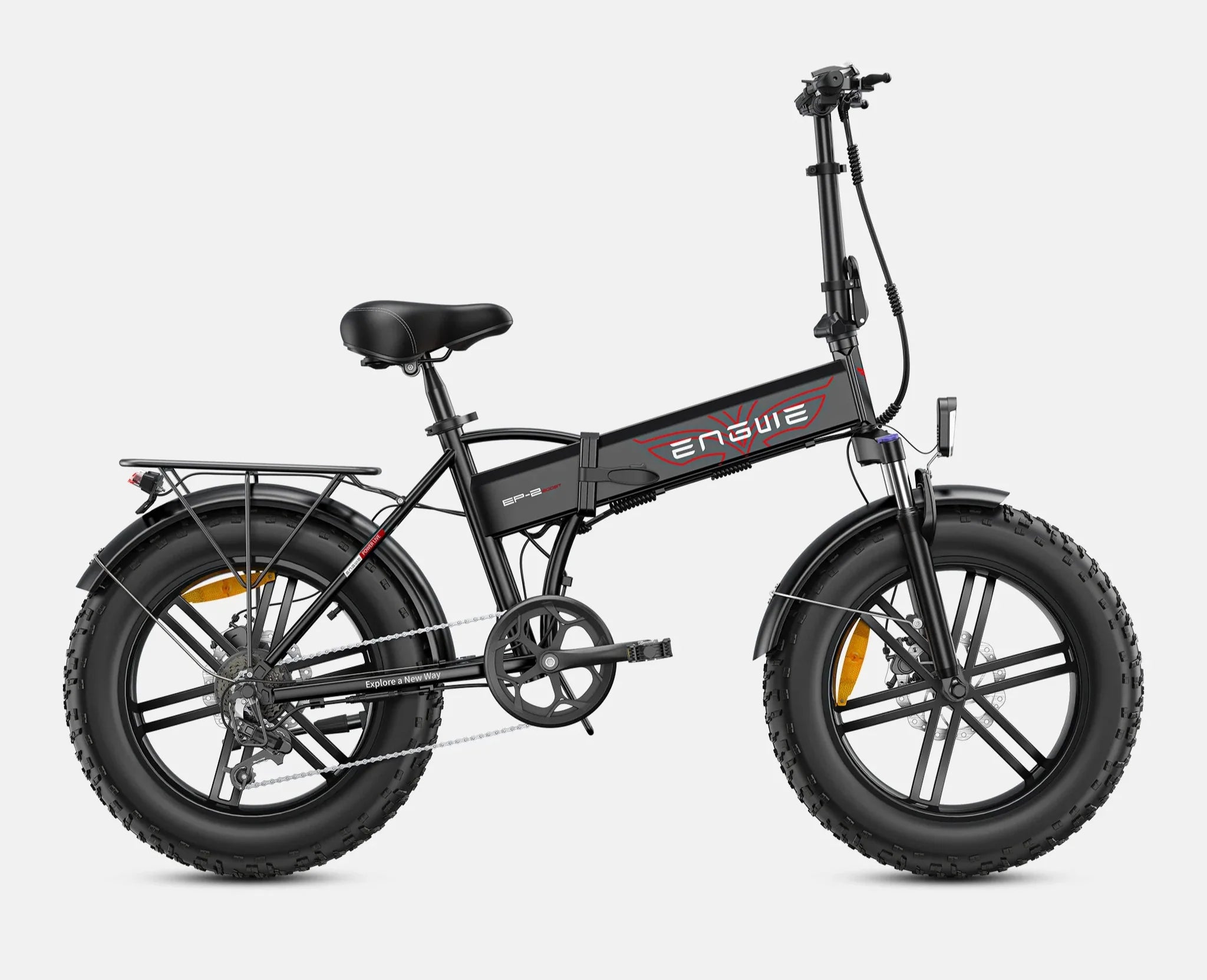 A black ENGWE EP-2 Pro Boost Folding Electric Bike with black wheels, tires, seat, and handle grips. - Lets Cycle