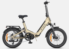 A folded Engwe L20 3.0 Pro Electric Bike with a step-through aluminum alloy frame, black saddle and handlebars, and beige body accents. It features a mid-drive motor and a rear-wheel suspension system.