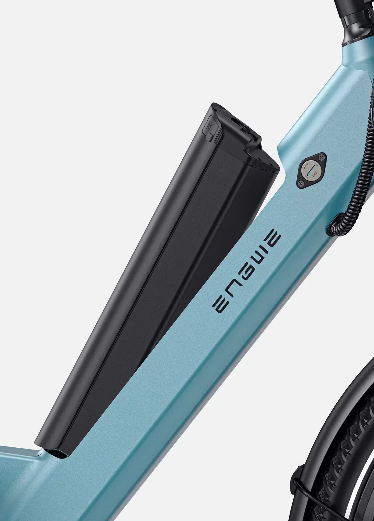 Close-up of a blue bicycle with a black battery pack labeled 'ENGWE' on a white background.