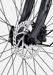 Close-up of a bicycle disc brake system on a white background