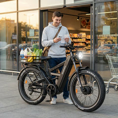 Man with TESWAY X9 Ultra Dual Motor Electric Bike outside a grocery store holding a phone and shopping list.