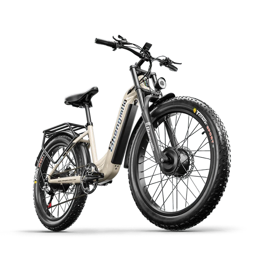 Shengmilo electric bike beige color side view with fat tires and rear rack
