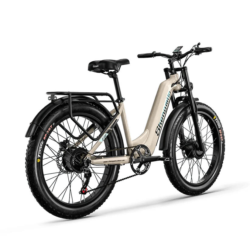 Shengmilo electric bike beige side rear view with fat tires and rear rack