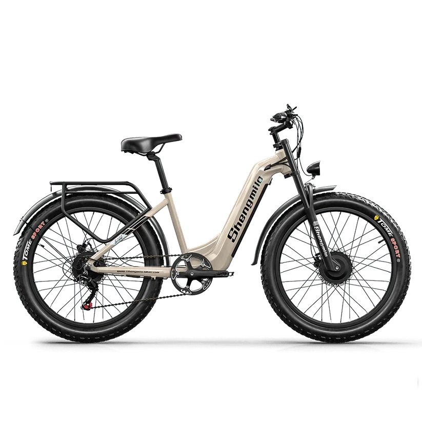 Shengmilo step-through electric bike in beige, side view, with rear rack and fat tires