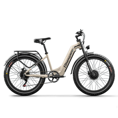 Shengmilo step-through electric bike in beige, side view, with rear rack and fat tires