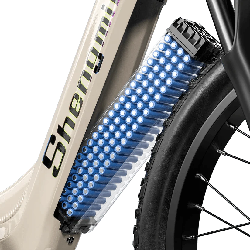 Shengmilo e-bike removable battery detail near rear tire, close-up view