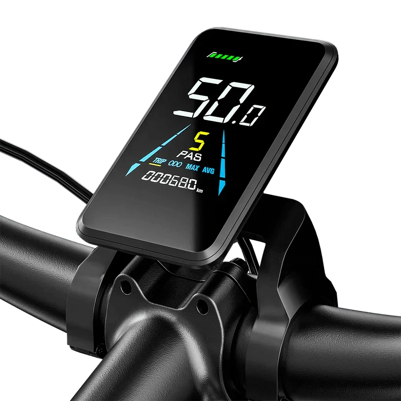 Electric bike digital display close-up on handlebars showing speed and battery level