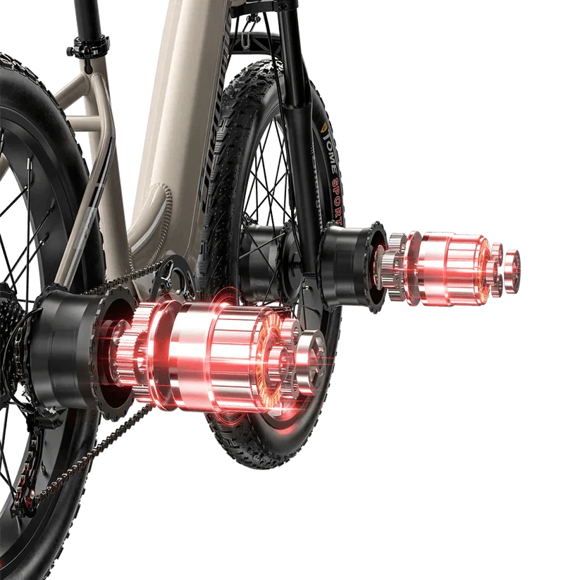 Electric bike close-up showing rear wheel hub motor and tire