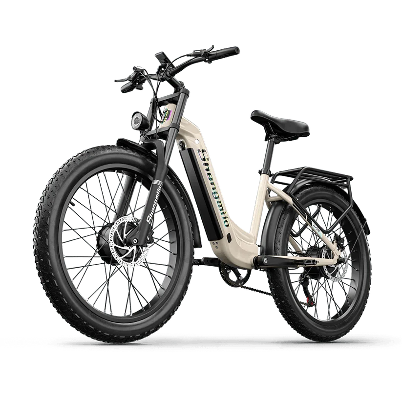 Shengmilo electric bike in beige, side angle view showing fat tires and rear rack