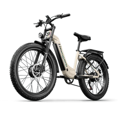 Shengmilo electric bike in beige, side angle view showing fat tires and rear rack