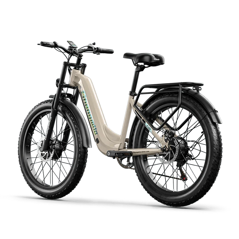SAMEBIKE LO26 beige electric bike side view with fat tires and rear rack