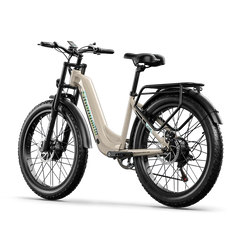 SAMEBIKE LO26 beige electric bike side view with fat tires and rear rack