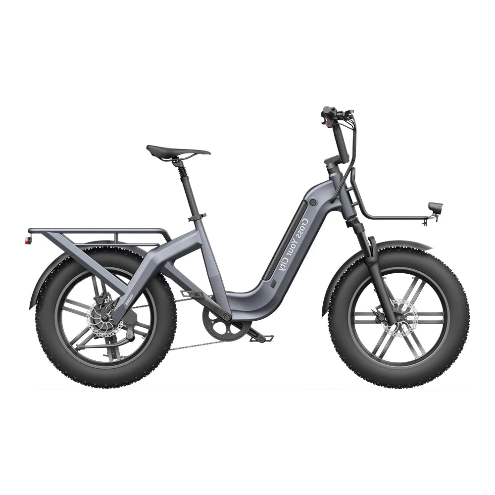 Gray ADO OASIS ONE Fat Tire Electric Bike with a basket on a white background - Lets Cycle, UK 