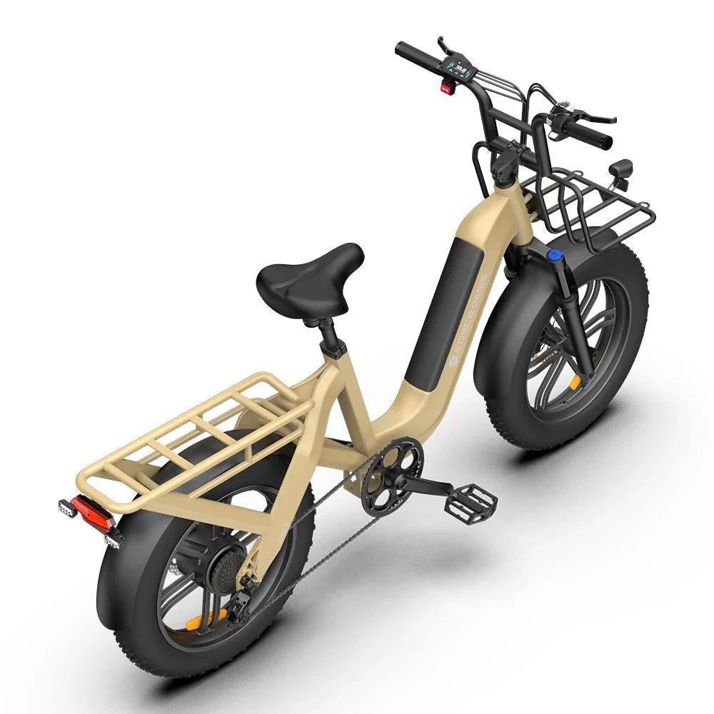 Beige ADO OASIS ONE Fat Tire Electric Bicycle with a black seat and basket on a white background - Lets Cycle, UK 