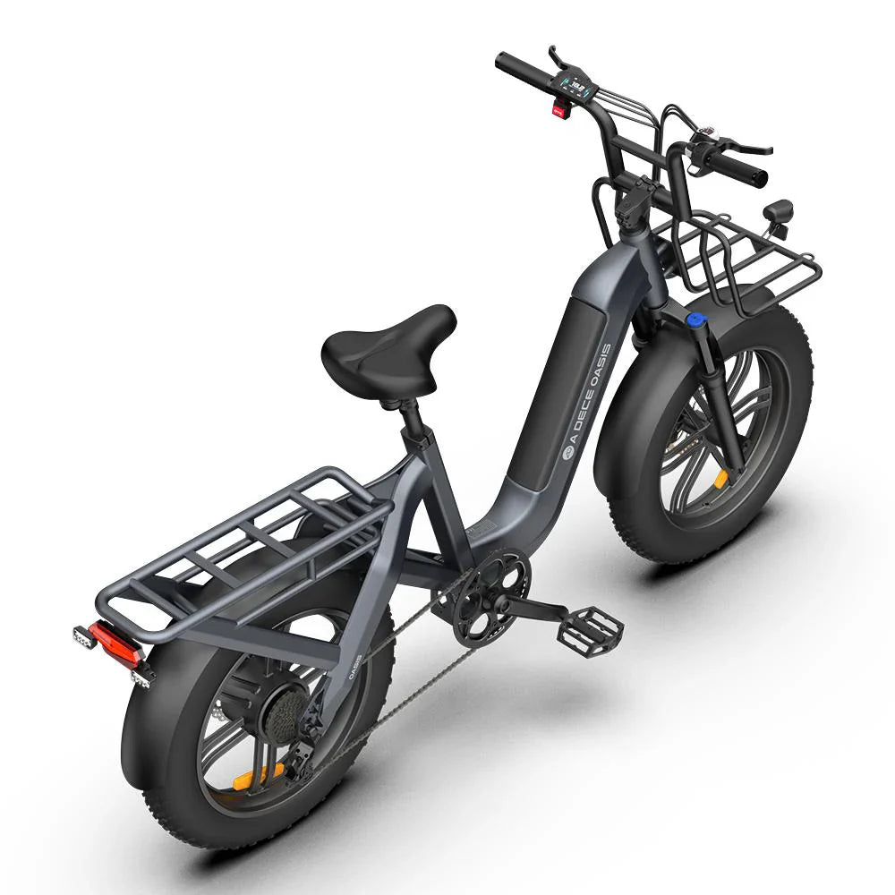 ADO OASIS ONE Fat Tire Electric Bike with a basket on a white background - Grey - Lets Cycle, UK 