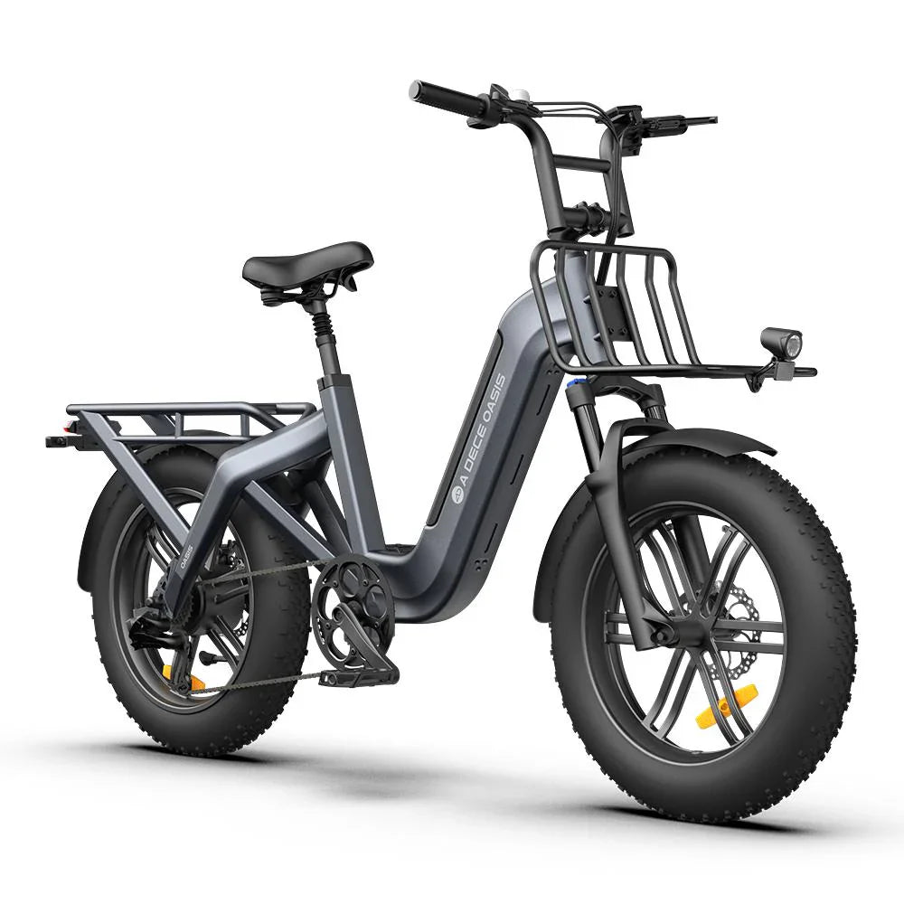Gray ADO OASIS ONE Fat Tire Electric Bicycle with black seat and tires on a white background - Lets Cycle, UK 