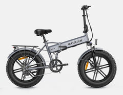 A grey ENGWE EP-2 Pro Boost Folding Electric Bike with black wheels, tires, seat, and handle grips. - Lets Cycle, UK 
