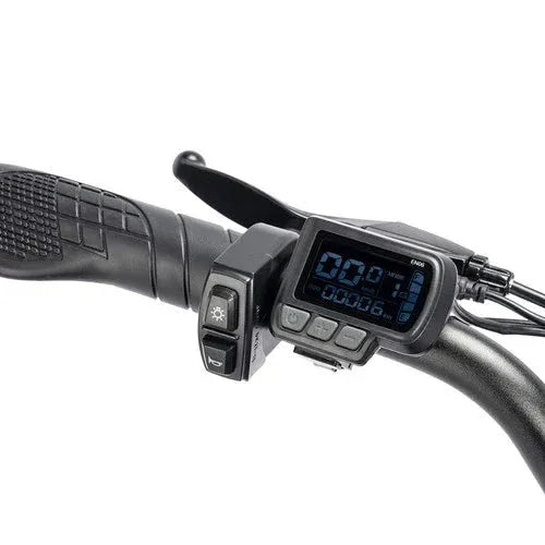 Close-up of a motorcycle handlebar with control panel on a white background