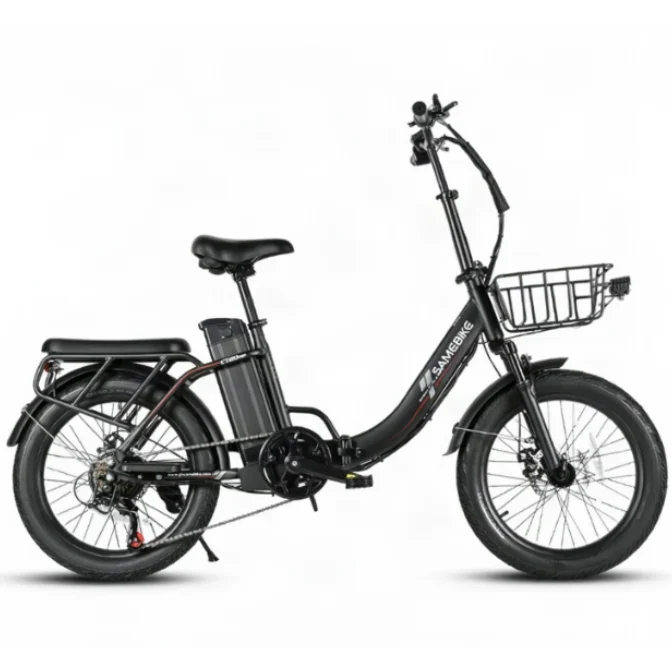 A black SAMEBIKE CY20 Pro Electric  bicycle with fat tires, a step-through frame, a rear cargo seat, a front basket, and a central battery pack, shown against a plain white background.