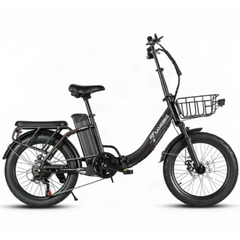 A black SAMEBIKE CY20 Pro Electric  bicycle with fat tires, a step-through frame, a rear cargo seat, a front basket, and a central battery pack, shown against a plain white background.