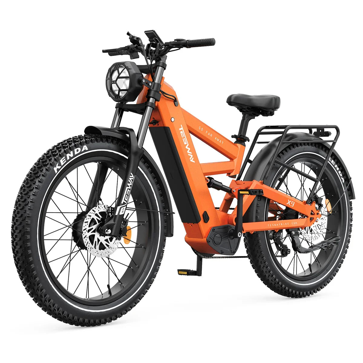 TESWAY X9 Ultra Dual Motor Electric Bike in orange with Kenda tires on a white background