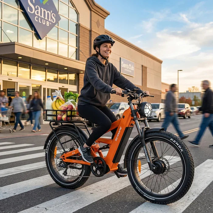 A women riding an TESWAY X9 Ultra Dual Motor Electric Bike in front of a Sam's Club store.