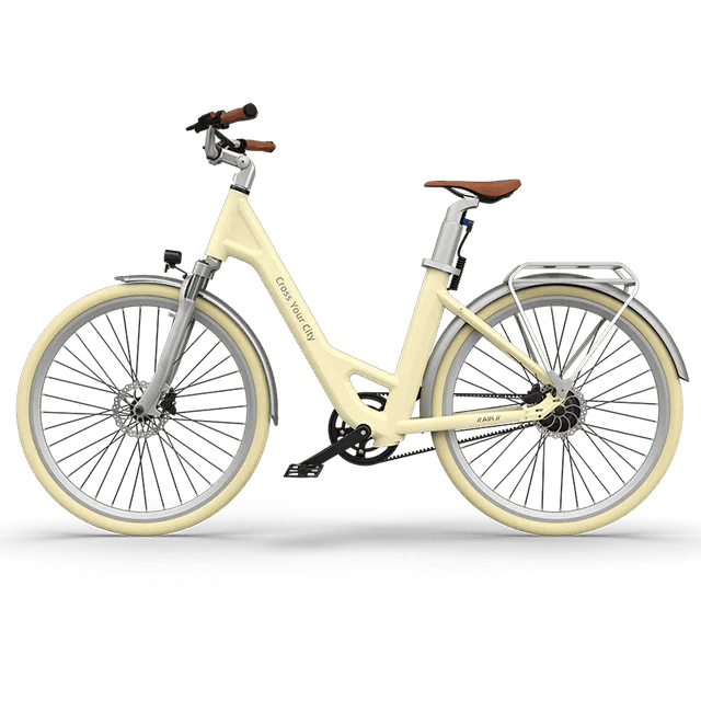 ADO Air 28 electric folding bike in cream, side view with step-through frame and rear rack