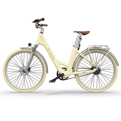 ADO Air 28 electric folding bike in cream, side view with step-through frame and rear rack