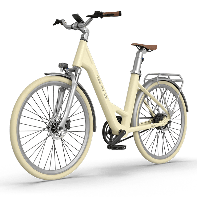 ADO Air 28 electric bike in cream color, side view with step-through frame and rear rack