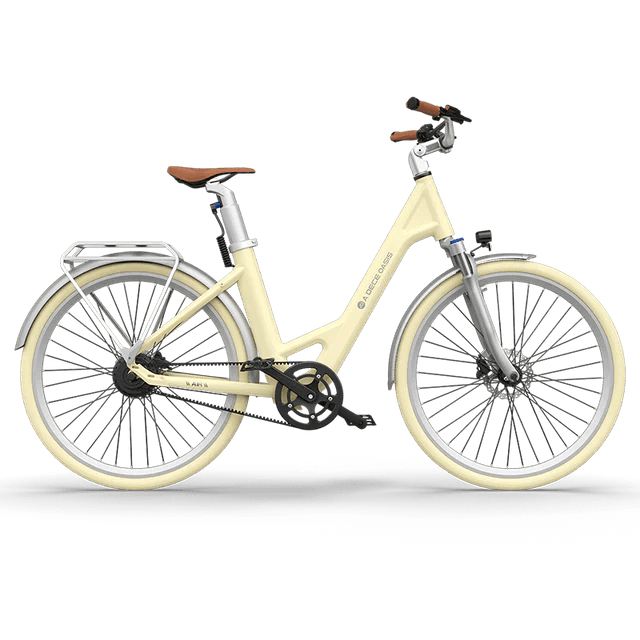 ADO Air 28 electric bike in cream, side view with step-through frame and rear rack