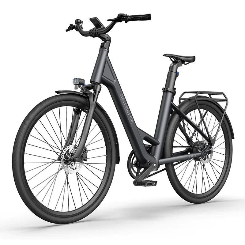 ADO Air 28 urban electric bike in matte black, side front view with rear rack