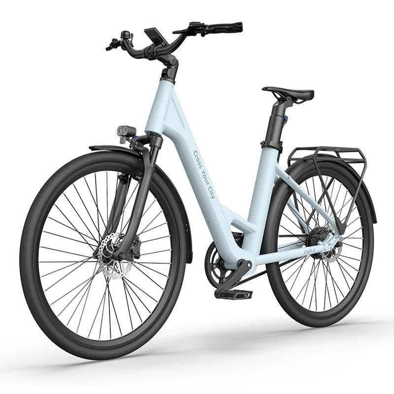 ADO Air 28 electric bike in light blue, side-front view with rear rack and fenders