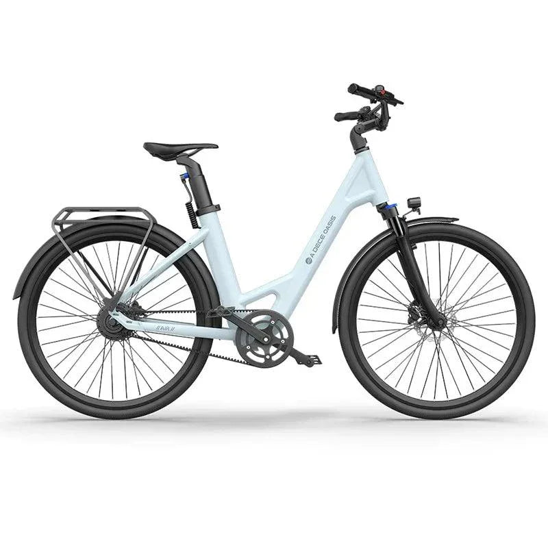 ADO Air 28 electric bike in light blue, side view with urban commuter features