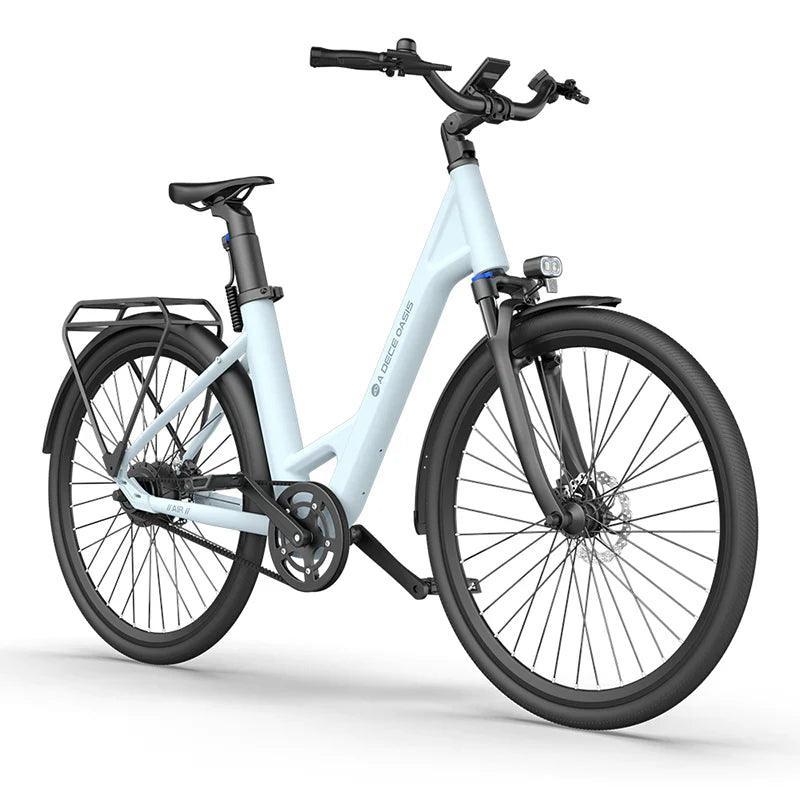 ADO Air 28 urban electric bike in light blue, side front view with rear rack