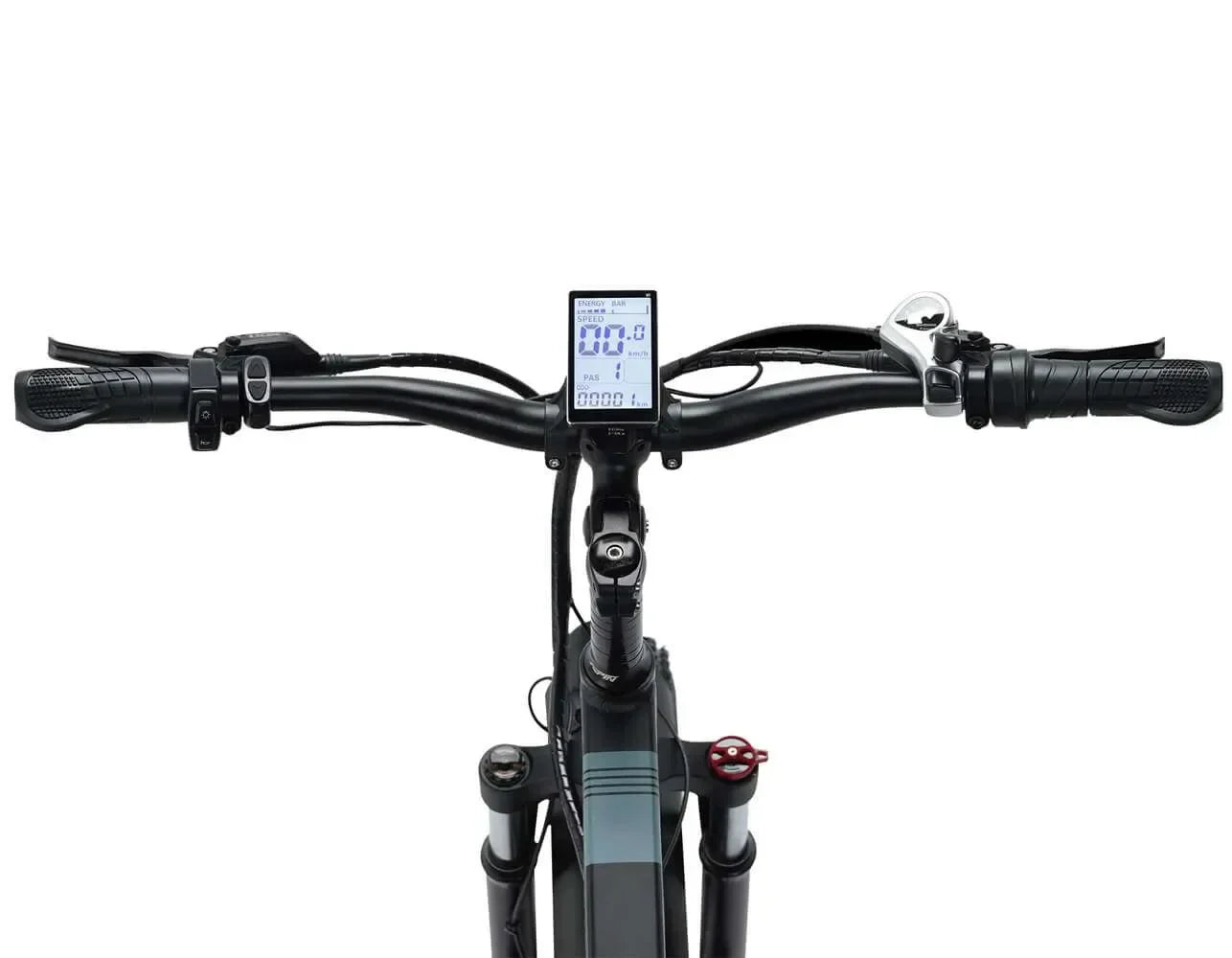 Close-up of bicycle handlebars with a digital display on a white background